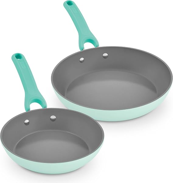 Dash Dream Green Recycled Aluminum Cookware Set - Ceramic-Coated Nonstick and Induction Compatible - Lightweight Kitchen Essentials with Silicone Handles - Aqua, 8-Inch and 10-Inch