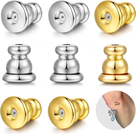Earring Backs for Studs, 18K Gold Bullet Earring Backs Replacements for Studs/Droopy Ears, Secure Locking Backings for Sensitive Ears, Hypoallergenic&Comfortable,2 Pair Gold 2 Pair White Gold