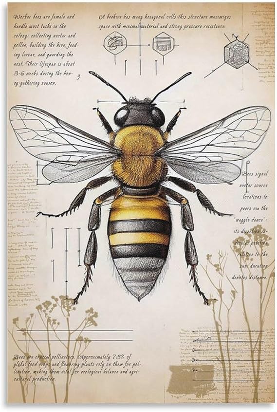 VMXWLL Vintage Honey Bee Anatomy Canvas Poster, Entomology Wall Art Chart, Rustic Farmhouse Kitchen, Classroom and Homeschool Decor, 12x18 Inch, Unframed
