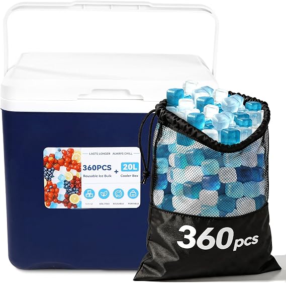 360PCS Reusable Ice Cubes with 20L Portable Rolling Cooler for Camping | 24H Cooling | BPA-Free | Leak Proof | Cooling without Melting Mess | Portable Large Pack for Outdoor