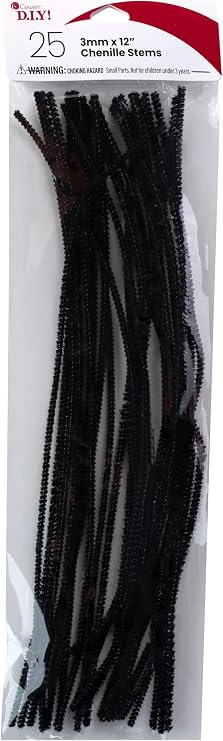 Black Chenille Stem Pipe Cleaners, 3mm x 12 inch, 25 Pack