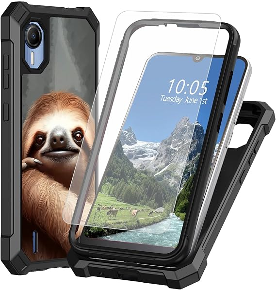 Cute Sloth Case for AT&T Calypso 4 / Cricket Debut S2 with Tempered Glass Screen Protector,Dual Layer Heavy Duty Shockproof TPU Bumper Protective