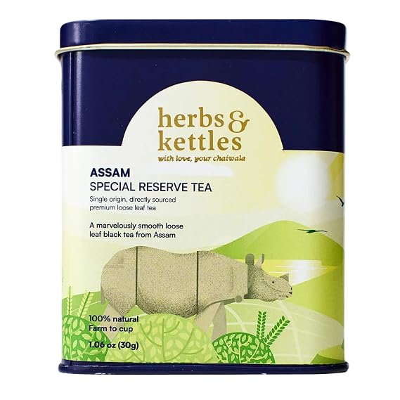 Herbs & Kettles Assam Special Reserve Tea | Single-Origin Tippy Assam Black Tea | Premium Loose Leaf Whole Leaf | Honey, Malt, Cacao & Oak Notes | 1.06 oz, 2030 Cups | Tea Gift