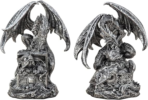 MF Drachenfiguren Schatzhüter Set 15 cm Silber-Chrom Optik 2 Stück Detaillierte Fantasy-Dekoration