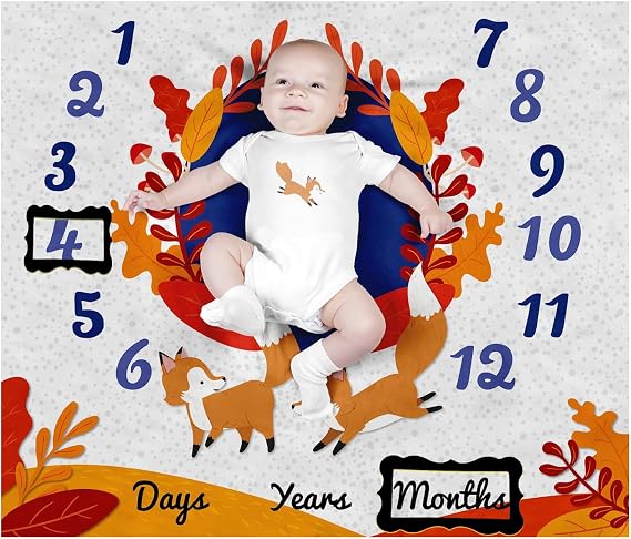 PAMBO Fox Baby Month Milestone Blanket for Baby Boy & Girl - Baby Age Blanket for Photo Taken| Fox Themed BabyShower Gifts
