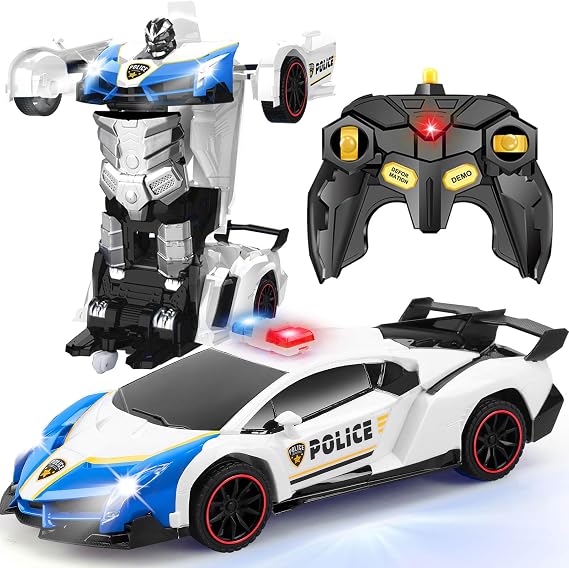 Toys for 5-12 Year Old Boys: Transforming Remote Control Police Car Toys Gifts for Age 5 6 7 8 9 10 11 12 Year Old Boys Kids Birthday Presents Toy Transforming 2 in 1 RC Robot Police Car Blue