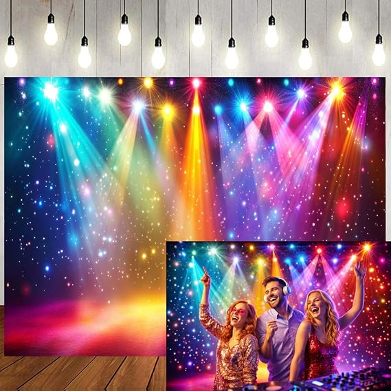 Disco Rainbow Backdrop 7x5ft Rainbow Stage Photography Backdrop Vintage Lights 90s Neon Dance Birthday Party Photography Background