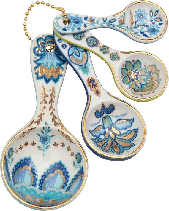 Mary DiSommas Ceramic Measuring Spoons (Set of 4) | Unique Signature Floral Print Design for each, Gold Overlay, Teal, Blue, Robins Egg Blue, Lime Green, Metallic Gold Chain, Boxed gift set