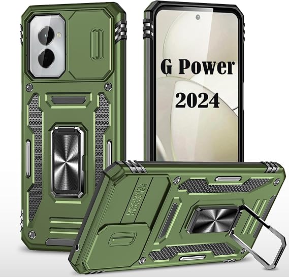 PASNEW Case for Moto G Power 2024,Camera Slide Cover and Kickstand for Moto G Power 5G,Military Heavy Duty Full Body Shockproof Cover Olive Green