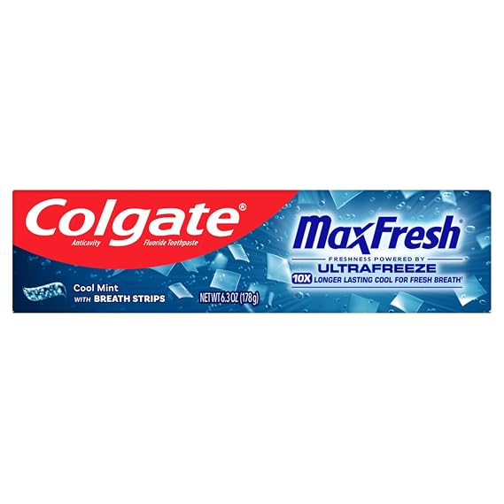 Colgate MaxFresh Cool Mint Toothpaste, Fresh Breath Toothpaste with Fluoride and Hundreds of Mini Breath Strips, Leaves Mouth Feeling Refreshed for Hours, 6.3 oz | Fresh Breath Toothpaste, With Fluoride, Hundreds of Mini Breath Strips, Leaves Mouth Feeling Refreshed for Hours