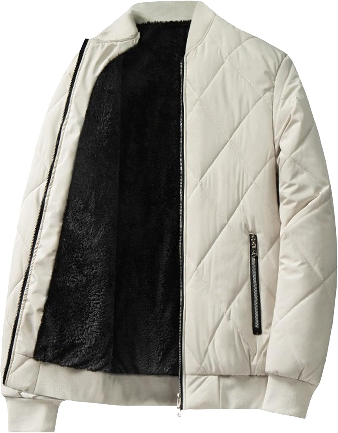 Mens Quilted Open Bottom Bomber Jacket Casual Sherpa Lined Down Jackets Stand Collar Diamond Pattern Overcoat