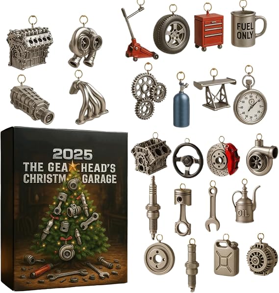 Christmas Advent Calendars 2025, The Gearheads Christmas Garage Advent Calendars 2025, Car Parts and Tools Countdown Calendar, 24 Days 2D Acrylic Pendant Countdown Calendar, for Cars Lovers