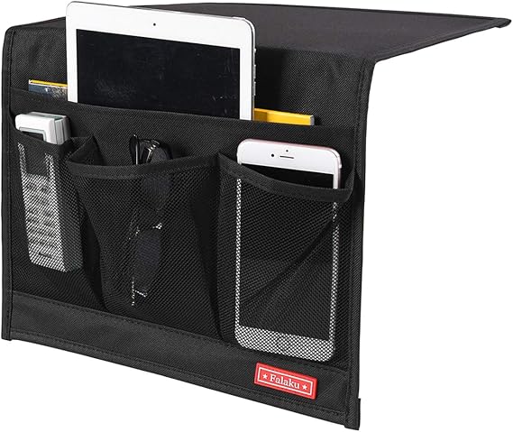 Bedside Caddy,Bedside Organizer Caddy Under Mattress,Holds Magazines,Books (4 Pockets-Black)