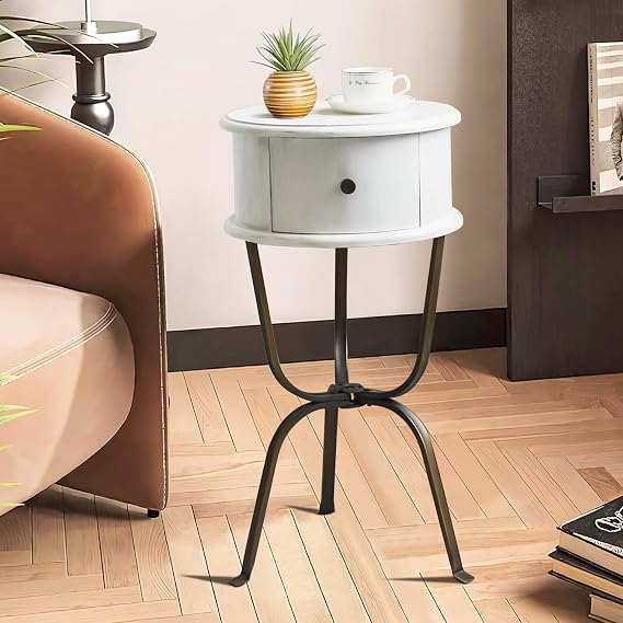 Round Side Table, Small End Table with Metal Legs, Modern Nightstand Bedside Table for Living Room, Bedroom, Small Spaces (White)