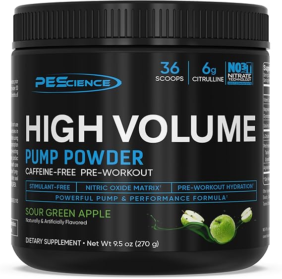 PEScience High Volume Stim-Free Pre-Workout, Sour Green Apple, 36 Scoops | Caffeine-Free Pump Powder, Nitric Oxide Booster, L-Citrulline & L-Arginine Nitrate, Non-Stim Preworkout