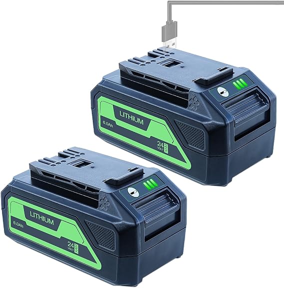 DTK Replacement for Greenworks 24V Battery 6.0 Ah 29842 29852 BAG709 BAG710 Fit 20352 22232 2508302 Tools 2 Packs with 5V 2.0Ah USB Output