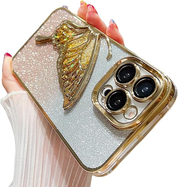 Casechics Compatible with iPhone 15 Plus Case,Sparkly Butterfly,Gold