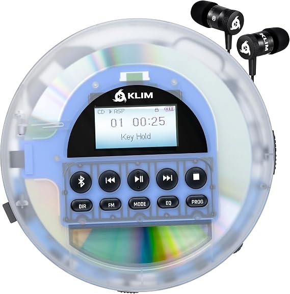 KLIM Nomad Transparent - New - Portable CD Player Walkman with Long-Lasting Battery - Includes Headphones - Radio FM - MP3 CD Player Portable - TF Card Radio FM Bluetooth - Ideal for Cars