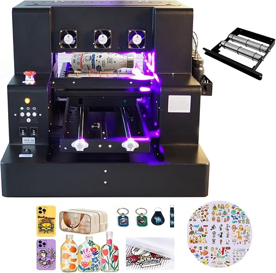 UV Flatbed Printer, A4 XP600 UV Printer, Higher Resolution 5760 * 1440dpi,UV DTF Printing Machine with Bottle Holder for Phone Case Cups Stickers Leather PVC