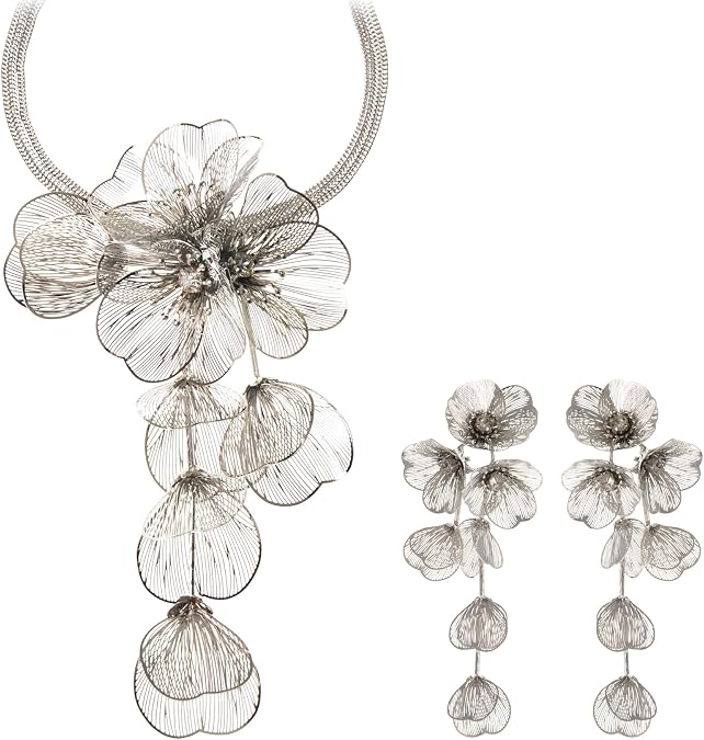 Jerollin Exaggerated Three-dimensional Metal Flower Pendant Necklace Earrings Jewelry Set