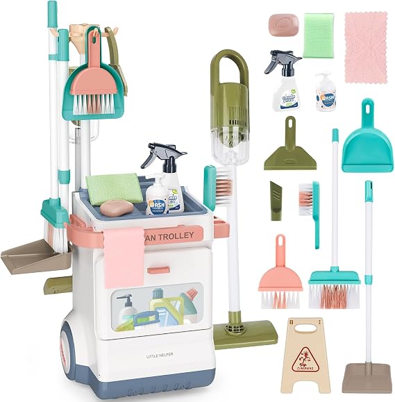 deAO Toddler Cleaning Set,Real Working Vacuum Cleaner for Kids | 20 PCS Pretend Play Housekeeping Kit Kids Broom Spray Bottle Set,Gift for Ages 3+