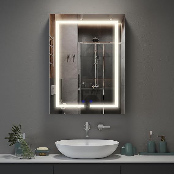 Bathroom Mirror Cabinet 600 x 800 mm with LED Lights, Touch Control, 3 Colour Dimmable Illuminated Mirror, Demister Pad & Shaver Socket