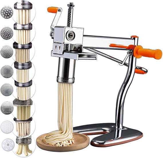 Pasta Maker Machine with 8-Mold, Steel Manual Noodle Maker | Pasta Press for Home Use, Makes Maccheroni Fettuccine & Tagliolini,30s Fast Press, Pasta Extruder with Cleaning Brush