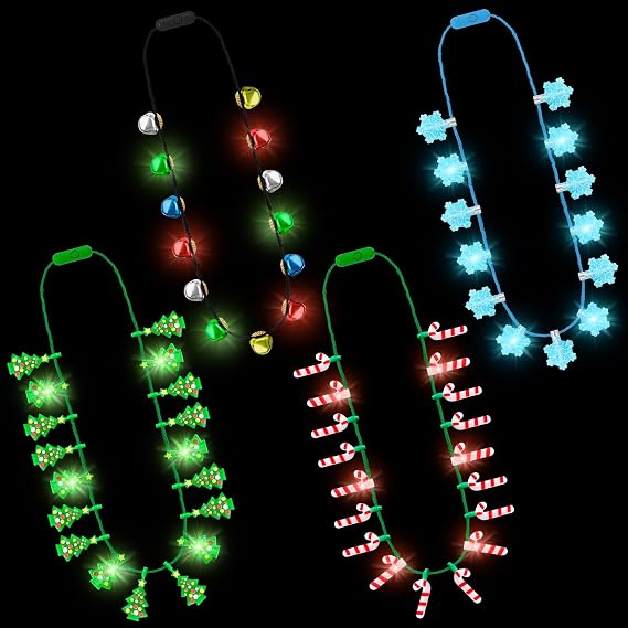 4PCS Christmas Light Up Necklace 3 Modes Bell Candy Cane Snowflake Set | Xmas Necklace, Wearable Accessory, Christmas Light Up Party Accessories, Holiday Supplies, Xmas Favors, Ugly Sweater Decor