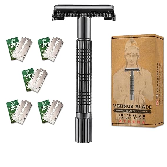 VIKINGS BLADE Safety Razor for Women + 5 Swedish Steel Blades. Quick Release Head, Double Edge. Smooth, Reusable, Recyclable (Model: Athena)