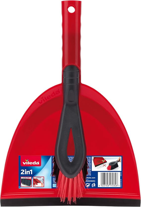 Vileda 2 in 1 Dustpan Set, 14 x 14 x 34.6 cm, Red