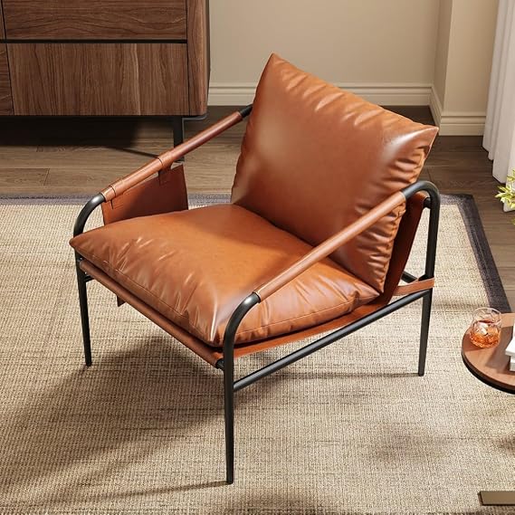 homary Brown Leather Accent Chair for Living Room, Modern Armchair with Metal Frame, Padded Arms, Side Pockets & Soft Supportive Cushion, Comfortable Reading Chair for Bedroom or Office