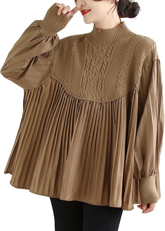 ellazhu Women's Casual Patchwork Kintted Shirt Long Lantern Sleeve Pullover Tops GA2724