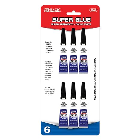 BAZIC Products Super Glue, 0.10 oz, 6 Count | Dries clear, Super glue tubes, 0.10 oz each, Bonds metal, Plastic, Wood, Ceramic, Glass in seconds