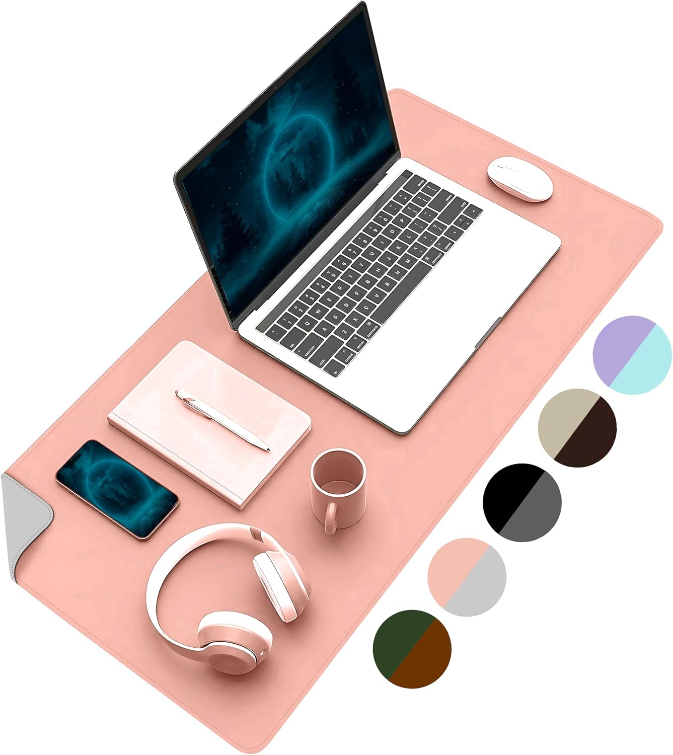 Klasse Double Color Stitched PU Leather Table Mat 80x40 Cm Mousepad, Waterproof Table Cluster, Double Sided Use, For LaptopOfficeHome, Anti-Slip Base Pink And Grey
