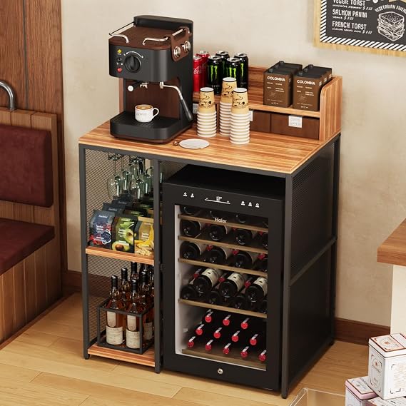 Kikihouse 4-Tier Industrial Style Mini Fridge & Microwave Oven Stand, Adjustable Kitchen Bakers Rack, Freestanding Utility Storage Shelf for Living Room, Kitchen, Bar, Office Wood