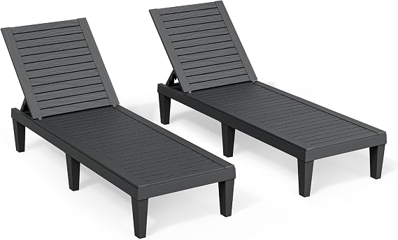 Outdoor Chaise Lounge Chairs, 5-Position Adjustable Tanning Lounge Chairs with Wood Texture, All-Weather Resin Patio Lounge Chair for Pool, Garden, Deck, Beach, Set of 2, Striped Black