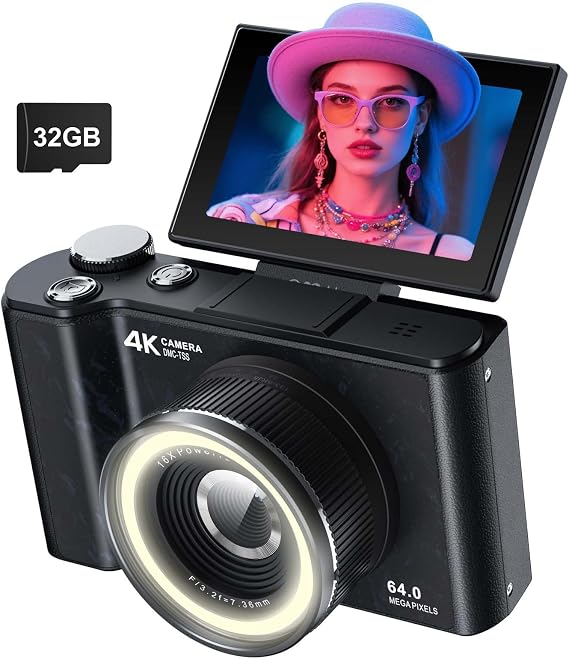 W & O 4K Digital Camera for Photography,180Flip Screen Kids Digital Camera | 64MP Vlogging Camera for YouTube with SD Card,16X Zoom Autofocus,Point and Shoot digital cameras for Teens Beginner,Black