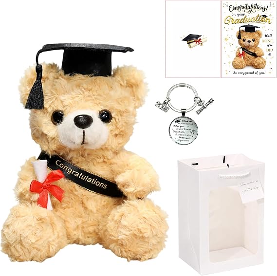 Graduation Bear, Graduation Gifts for He and Him, Graduation Presents, Small Teddy Bears, Brown Teddy Bear, 23 Cm with Card and Keychain, Graduation Ceremony and Home Decoration