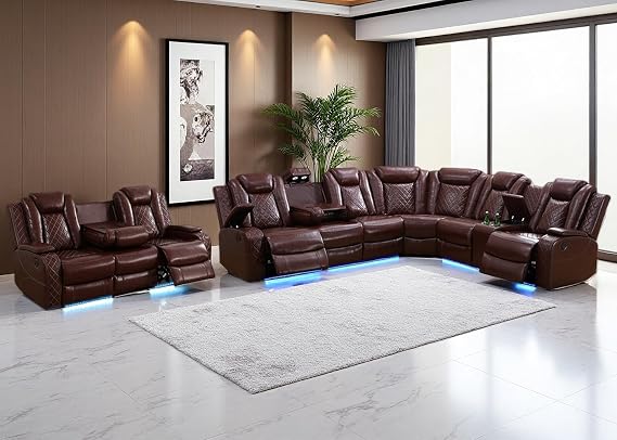 Power Recliner Sectional Sofa Set, Luxury Leather Reclining Sectional, Living Room Furniture Sets, 9-Seat Breathing Leather Recliner Couch & Sofa Set with Cupholders/Charging, Burgundy Red