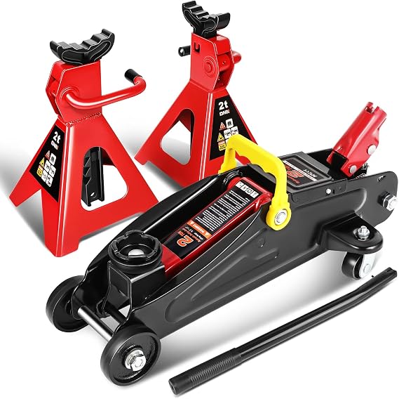DNA Motoring 2 Ton Car Jack and Stands Kit 2T(4000 lbs) Capacity Low Profile Hydraulic Trolley Service/Floor Jack with 2 Ratchet Stands Combo for Home Garage Shop, Red/Black, TOOLS-00280