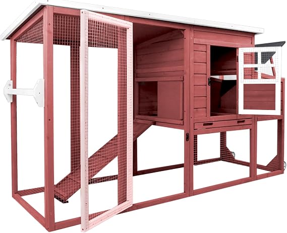 Gowoodhut Chicken Coop Solid Wood with Large Run Cage 2 Stories - Asphalt Roof, Nest Box, Pu Wheels, Pole Chicken Perch