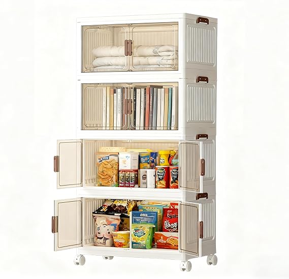 Storage Boxes with Lid, 4-Tier Plastic Stackable Storage Boxes with 1 Lid 28L/Tier, Folding Collapsible Bins with Wheels, Storage Organizer for Bedroom Living Room Office
