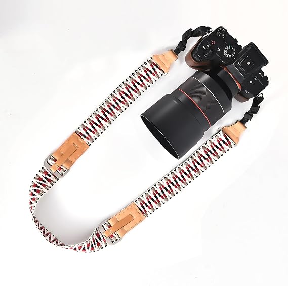 Adjustable Camera Strap for Photographer, Polyester & Genuine Leather Neck Shoulder Strap, Classic Design Crossbody Camera Sling, Camera Harness for DSLR/Mirrorless/CSC/Digital Cam