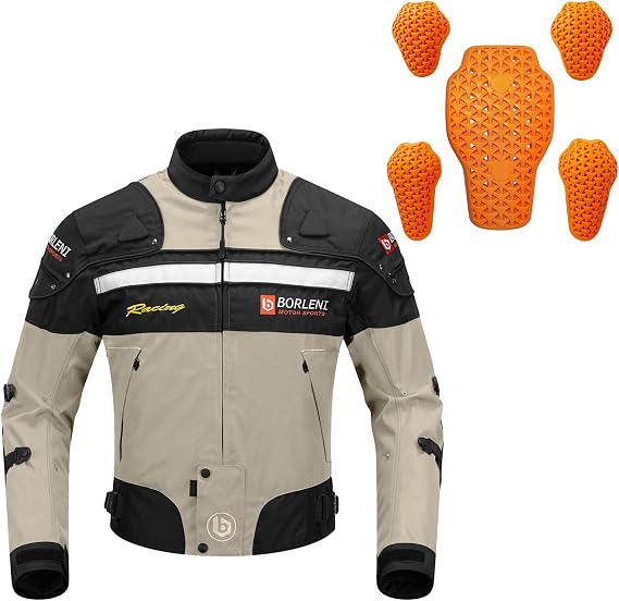 BORLENI Motorcycle Jacket Brown XL and Motorcycle Armor Set (Elbow Shoulder and Back Certified)