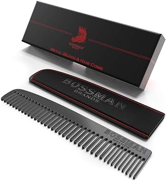 Bossman Metal Grooming Comb for Men - Mustache and Beard Styling Tool with Leather Pocket Case (Black)