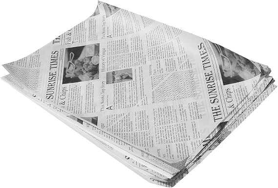 50 x Large Newspaper Design Greaseproof Paper (250mm x 375mm) - News Print Food-Grade Deli Wraps Food Display for Sandwiches, Burgers, Chips and Snacks - Oil-Resistant and Eco-Friendly Basket Liner