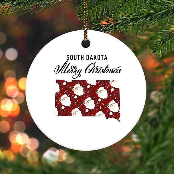Novelty Christmas Decorations Merry Christmas US South Dakota State Map Christmas Ornaments for Xmas Tree Round Keepsake Porcelain Bauble Stocking Stuffer Souvenir Gift for Parents Kids Children