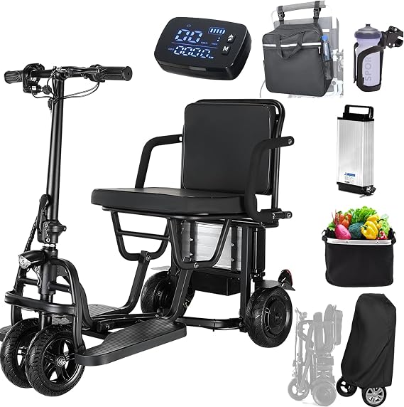 4-Wheel Folding Mobility Scooter,9.3mph Lightweight Electric Scooter for Adults, 20Miles Ultra Lightweight Travel Mobility Scooter, Dual Front Wheels Designed, with Backpack, Dust Bag