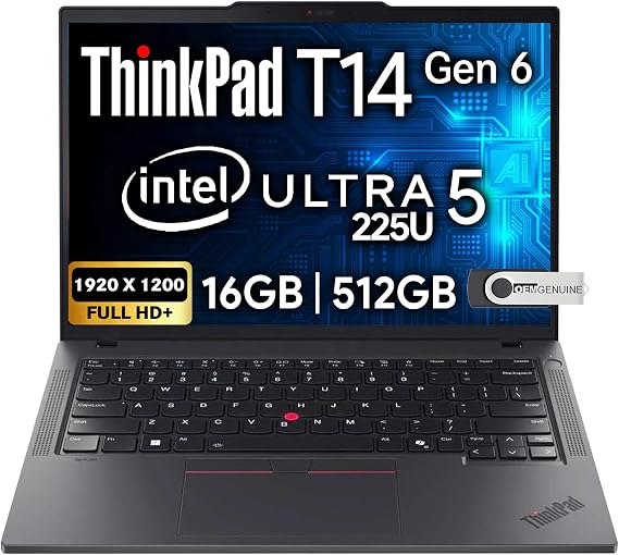 Lenovo ThinkPad T14 Gen 6 Business Laptop 14" FHD+ IPS, Intel Ultra 5 225U, 16GB DDR5 RAM, 512GB SSD, 5MP HD Webcam, Fingerprint, Backlit, Wi-Fi 6E, 2 Thunderbolt 4, AI PC