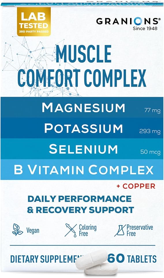 Granions Muscle Relaxer Pills Complex - Magnesium, Potassium, Selenium, Copper, B Vitamins Relaxant - Daily Comfort Supplement to Support Normal Muscle Function and Relaxation - 60 Tablet, 30 Servings